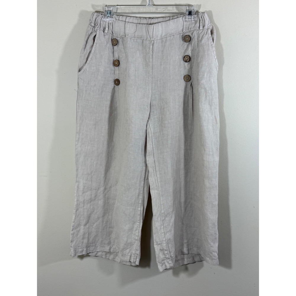 Linen Luv 100% Linen Wide Leg Capri Pants Women's Large Beige Italian Coastal